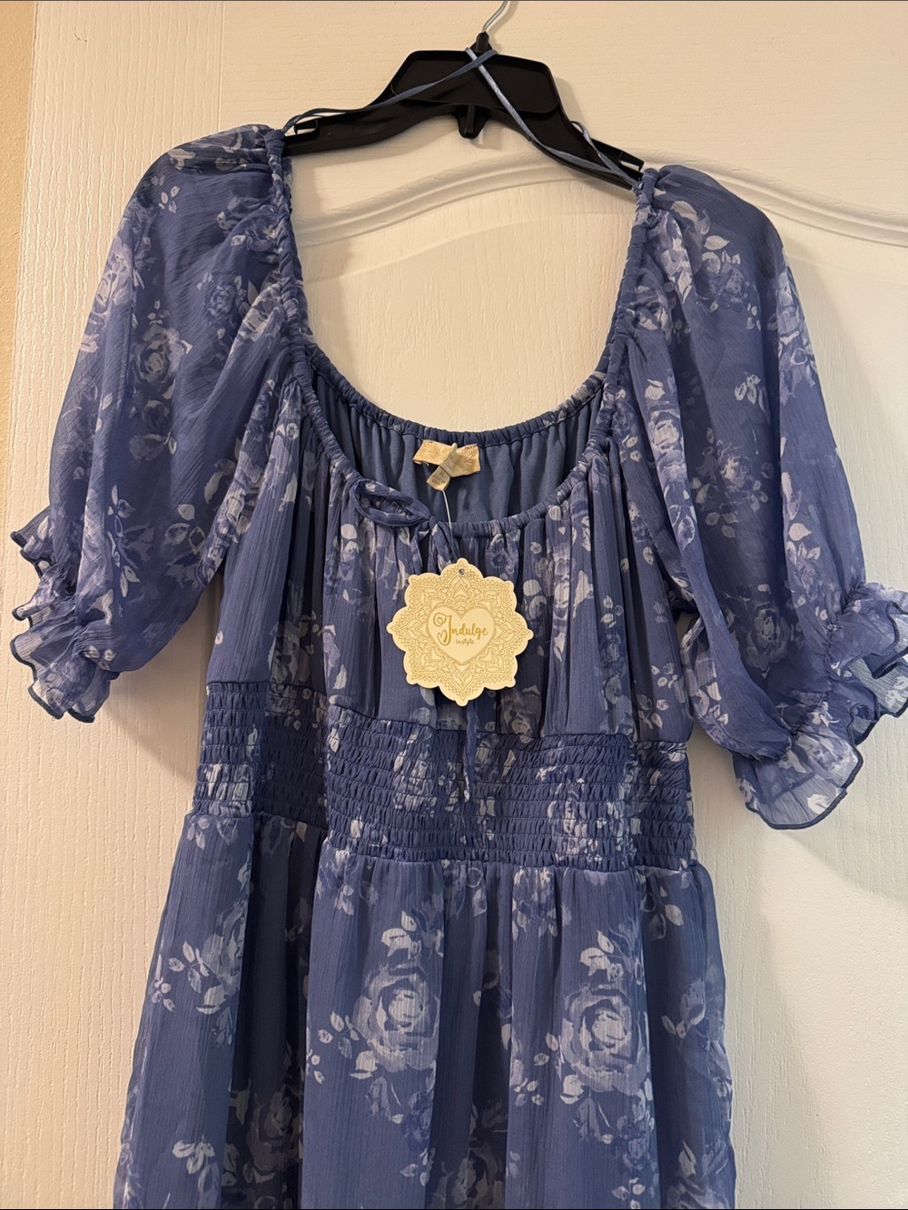 indulge Blue Floral Puff Sleeve Midi Dress